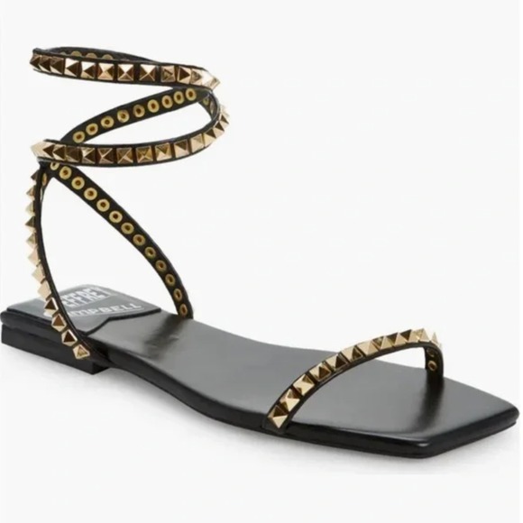 NEW Jeffrey Campbell Sz 8 / 8M Luxor Strappy Flat Ankle Sandals Black Gold Studs